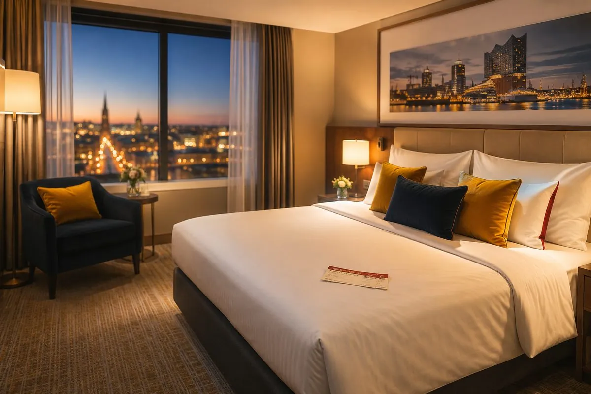 Musical mit Übernachtung: Hotelzimmer mit Tickets auf dem Bett und Blick auf die abendliche Stadt