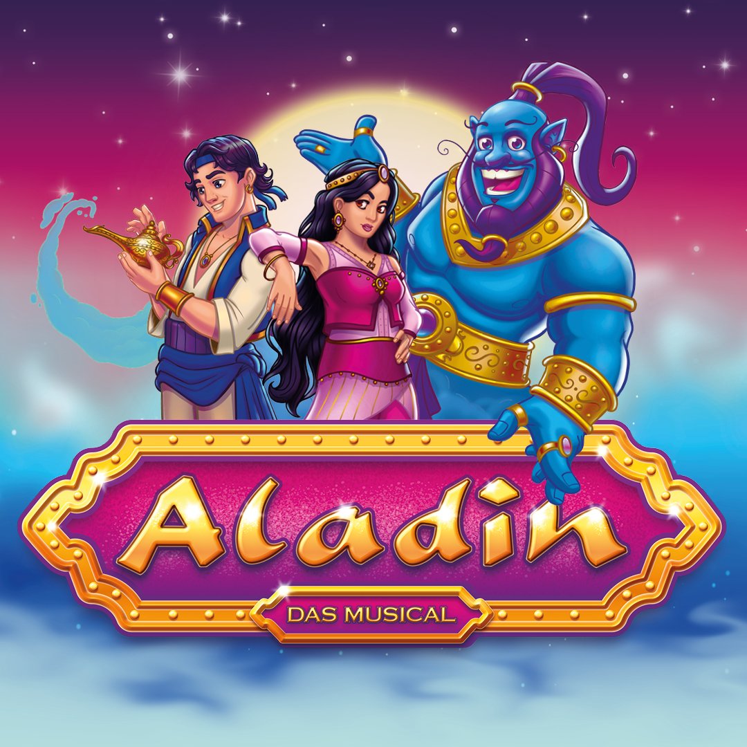 Keyvisual zum Familienmusical ALADIN von Theater Liberi mit Aladin, Yasmin und dem Dschinni