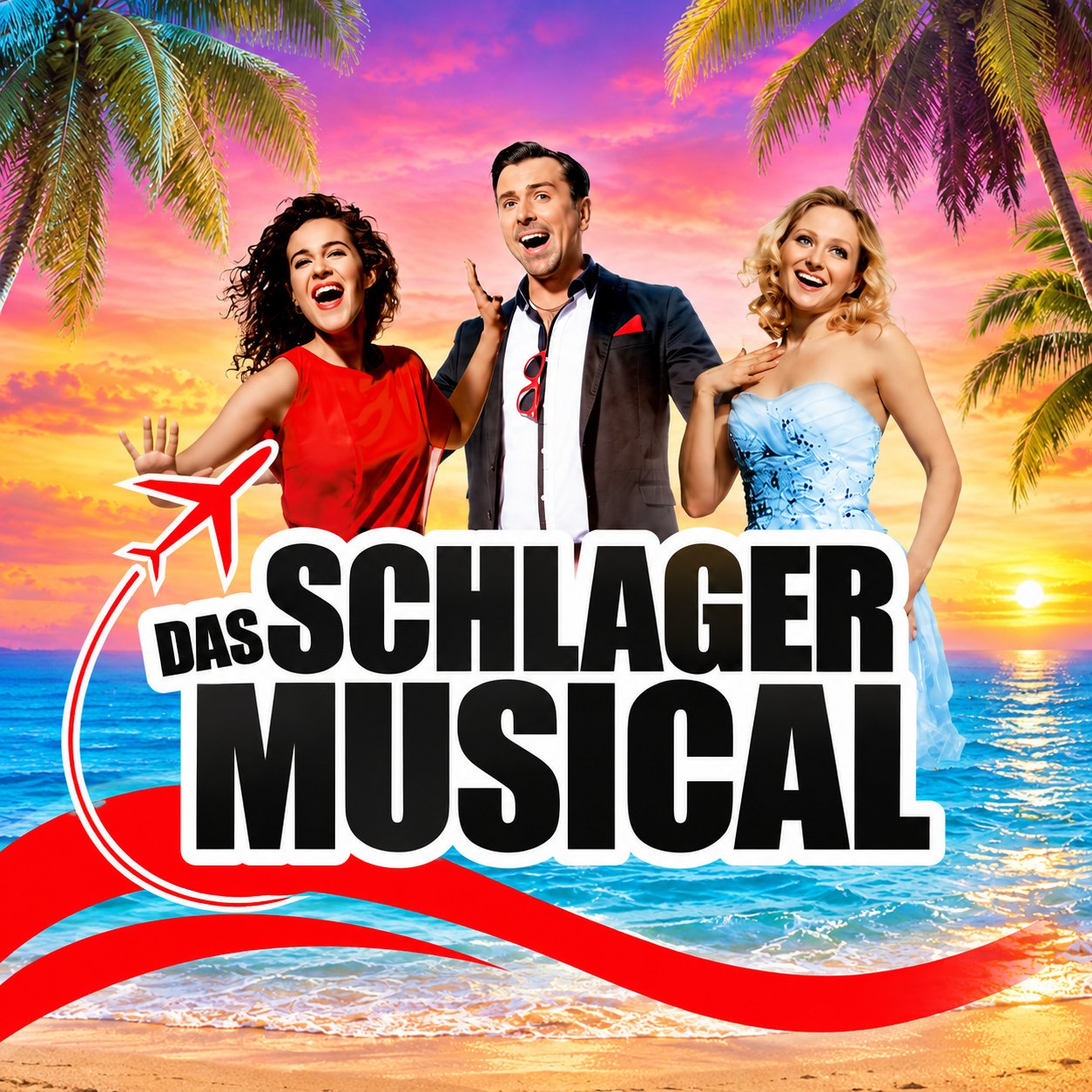 Drei Darsteller jubeln am Palmenstrand im Sonnenuntergang über dem Schriftzug DAS SCHLAGER MUSICAL