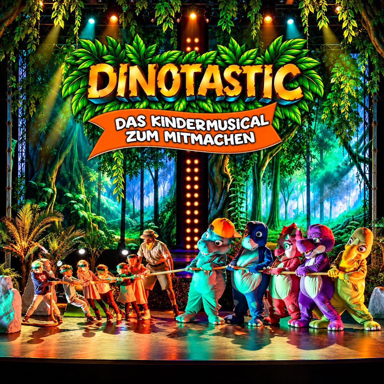 Kinder und die fünf Dinos beim Tauziehen auf der Dschungelbühne unter dem Logo DINOTASTIC Das Kindermusical zum Mitmachen