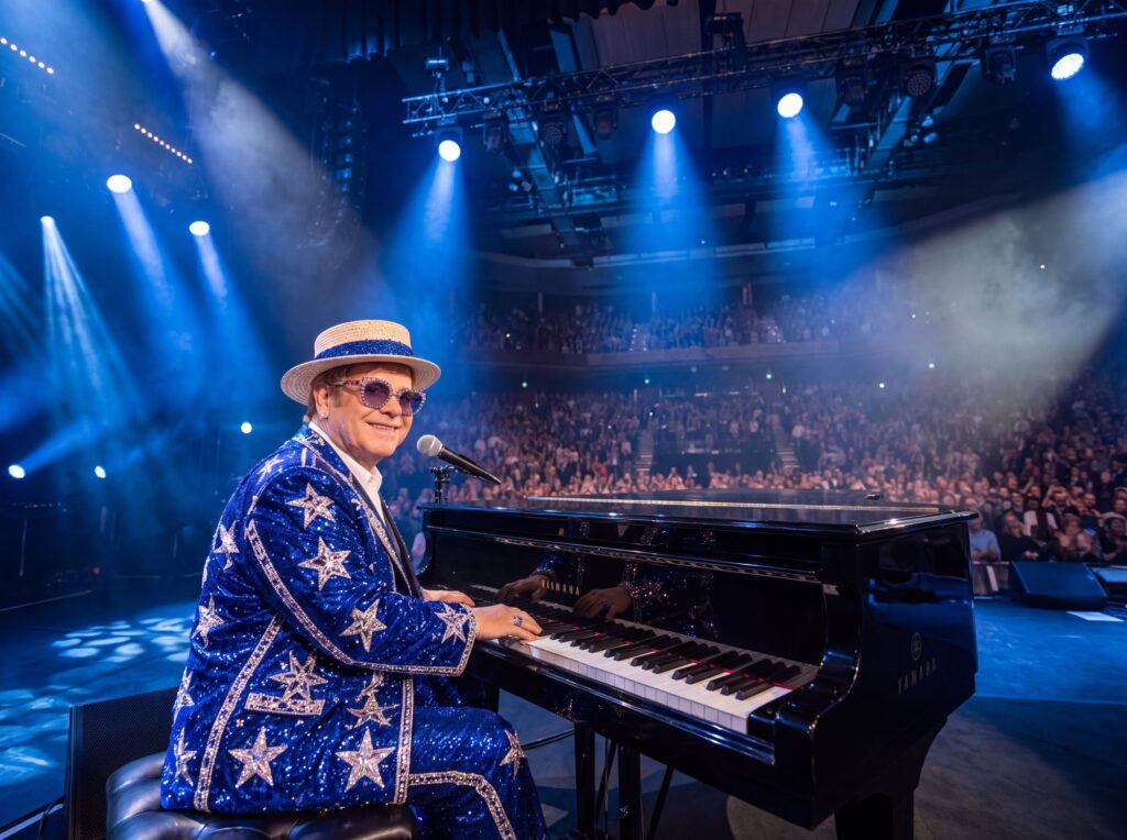 C.J. Marvin als Elton John am Flügel vor vollem Haus in ROCKET MAN - Das Elton John Biopical