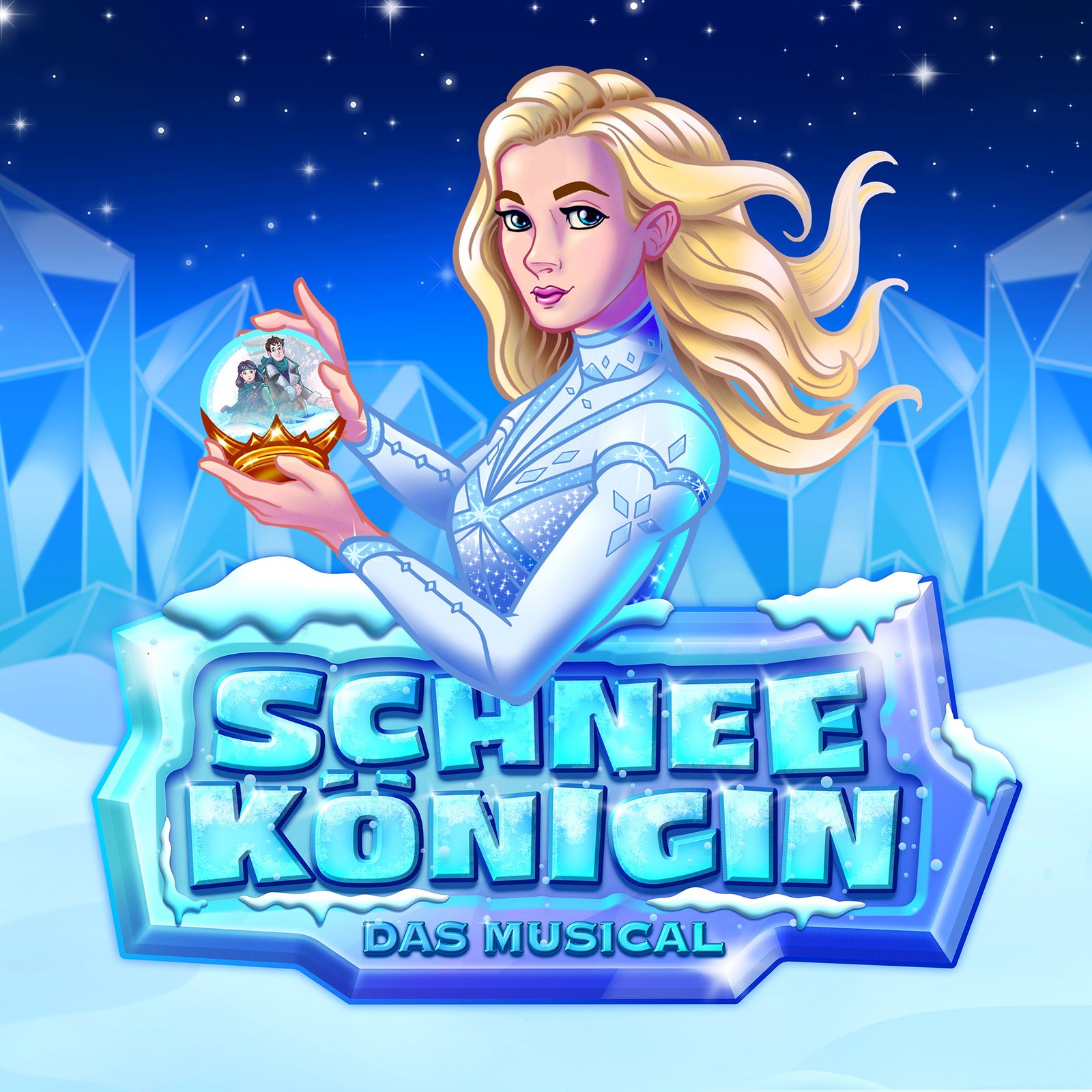 Illustriertes Plakatmotiv zu SCHNEEKÖNIGIN - das Musical von Theater Liberi mit der Schneekönigin und einer Schneekugel