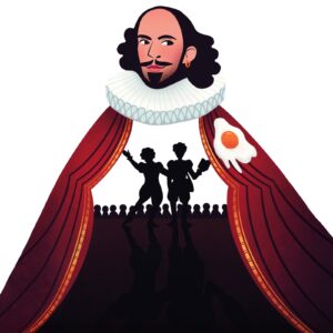 SOMETHING ROTTEN! – Das Musical bei den Bad Hersfelder Festspielen SOMETHING ROTTEN! Key Visual: Shakespeare über einem roten Vorhang, davor die Silhouetten der Bottom-Brüder und ein Spiegelei